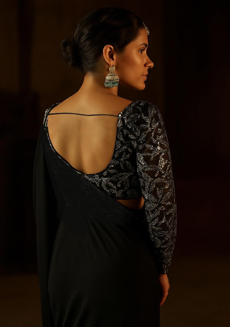 Black Embellished Georgette Pre Draped Saree Set - Indya