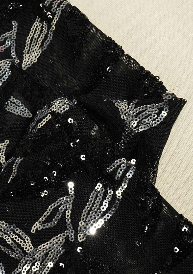 Black Embellished Georgette Pre Draped Saree Set - Indya