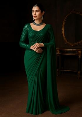 Green Embellished Georgette Pre Draped Saree Set