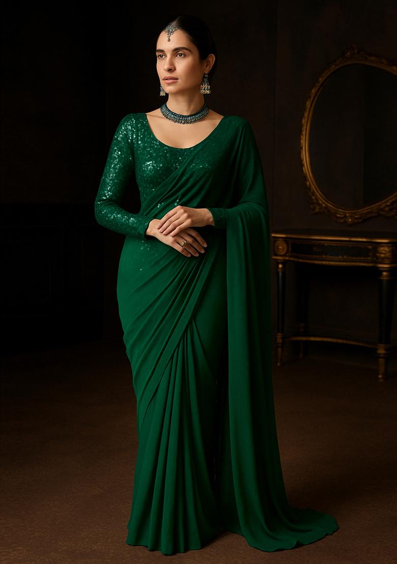 Green Embellished Georgette Pre Draped Saree Set