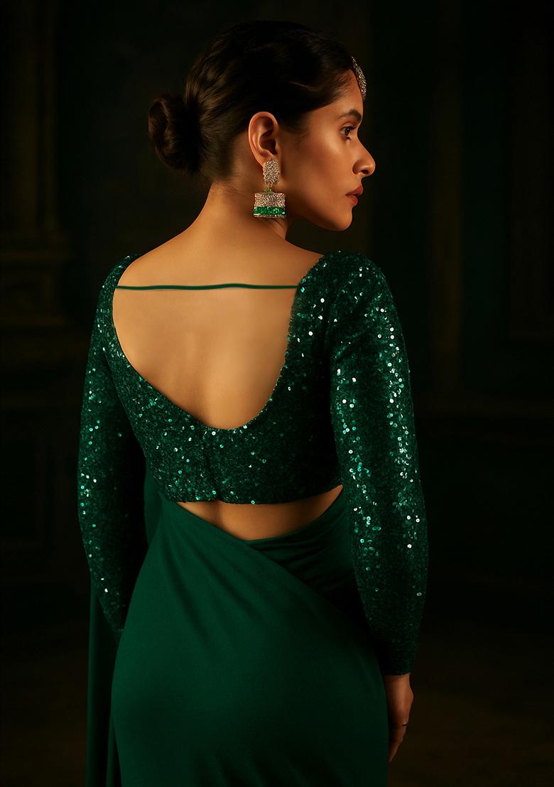 Green Embellished Georgette Pre Draped Saree Set - Indya