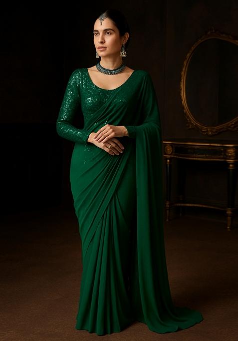 Green Embellished Georgette Pre Draped Saree Set
