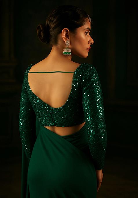 Green Embellished Georgette Pre Draped Saree Set