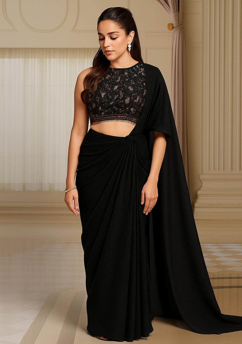 Black Embroidered Georgette Pre Draped Saree Set