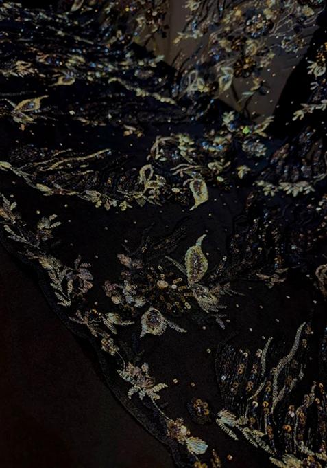 Black Embroidered Georgette Pre Draped Saree Set