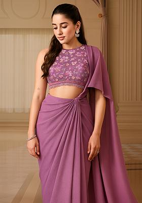 Wine Embroidered Georgette Pre Draped Saree Set