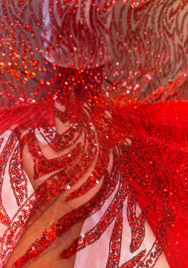 Red Sequin Embroidered Georgette Pre Draped Saree Set - Indya