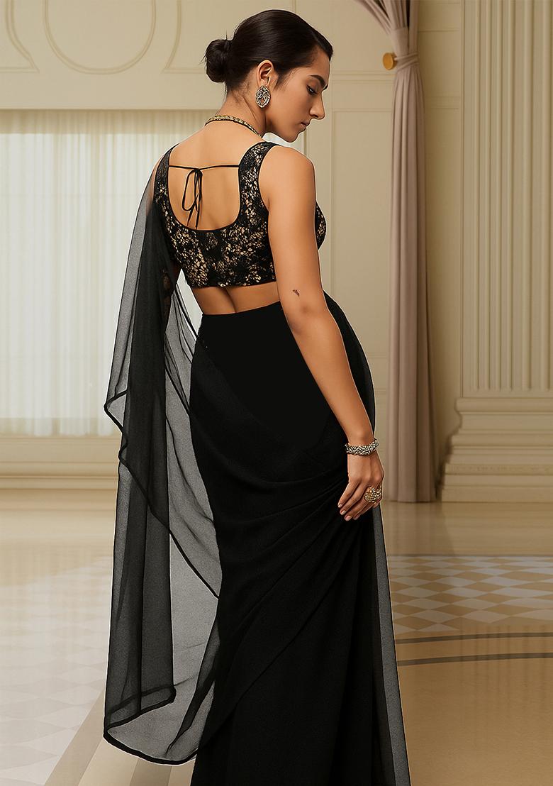 Black Sequin Embroidered Georgette Pre Draped Saree Set - Indya
