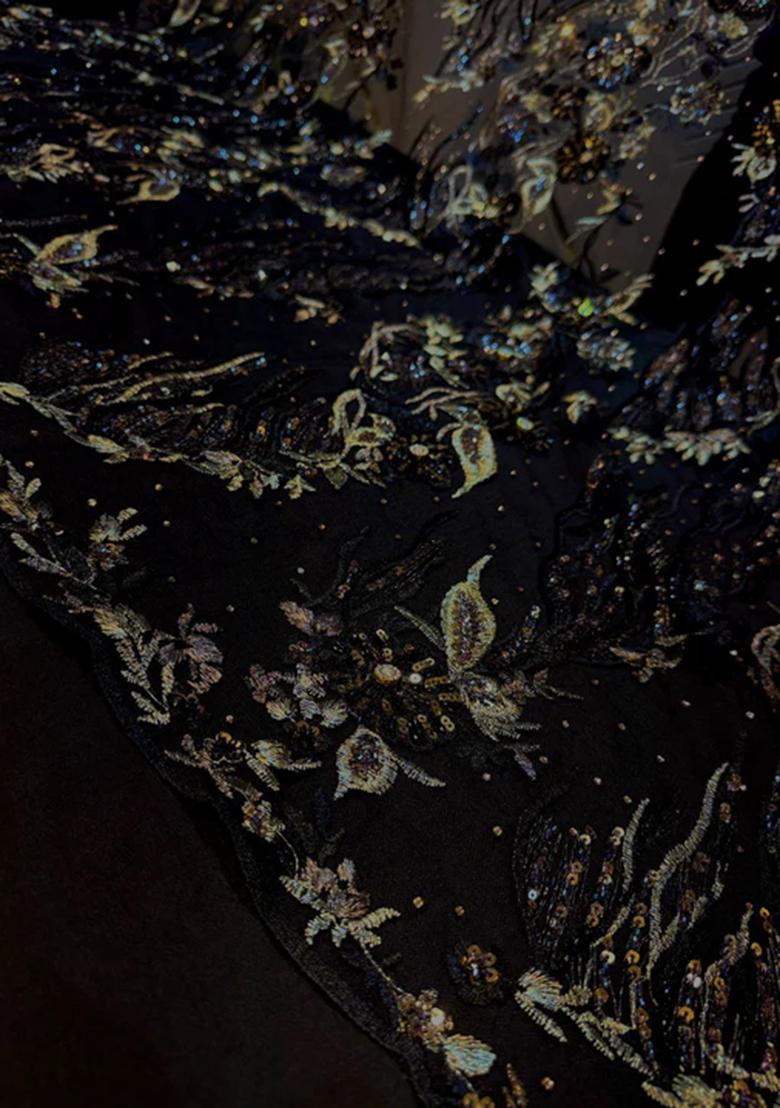 Black Sequin Embroidered Georgette Pre Draped Saree Set - Indya