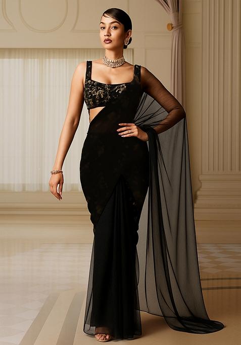 Black Sequin Embroidered Georgette Pre Draped Saree Set