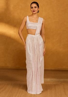 Pink Rainbow Sequin Embellished Lurex Knit Pre Draped Saree Set