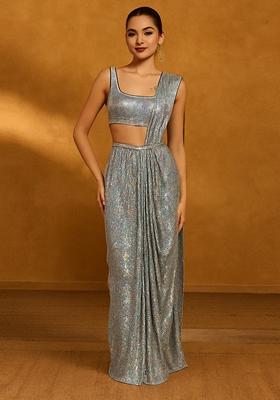 Silver Rainbow Sequin Embellished Lurex Knit Pre Draped Saree Set