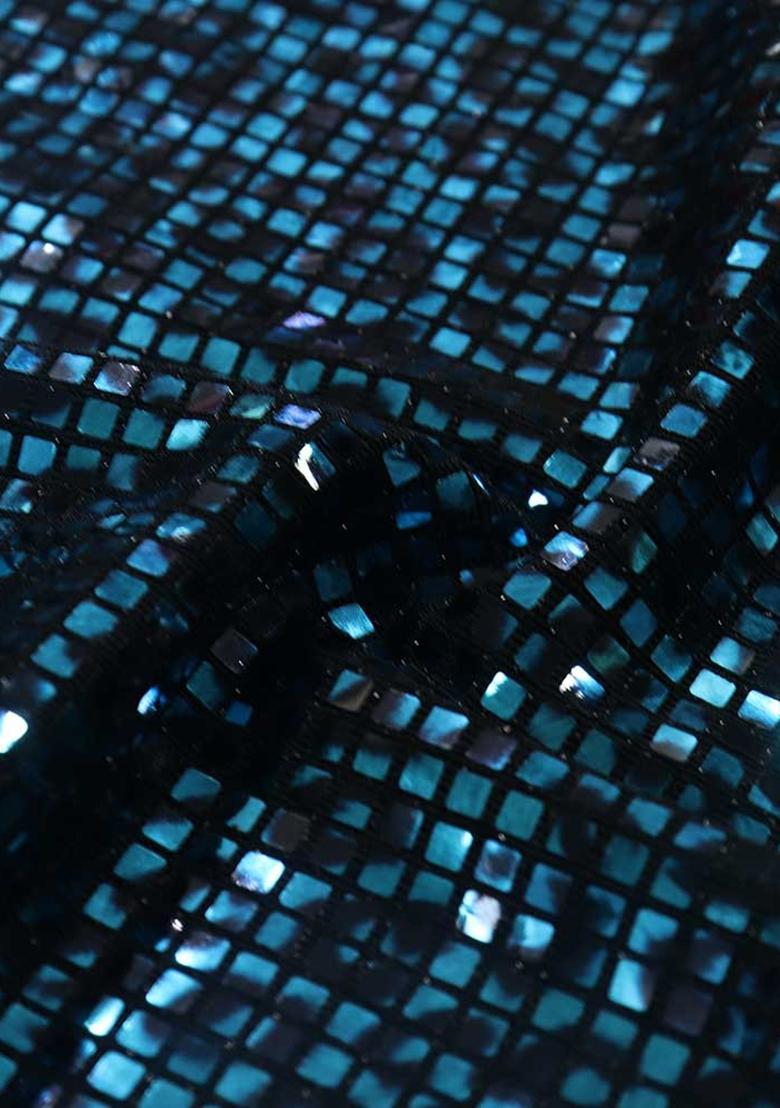 Turquoise Sequin Embellished Lurex Knit Pre Draped Saree Set