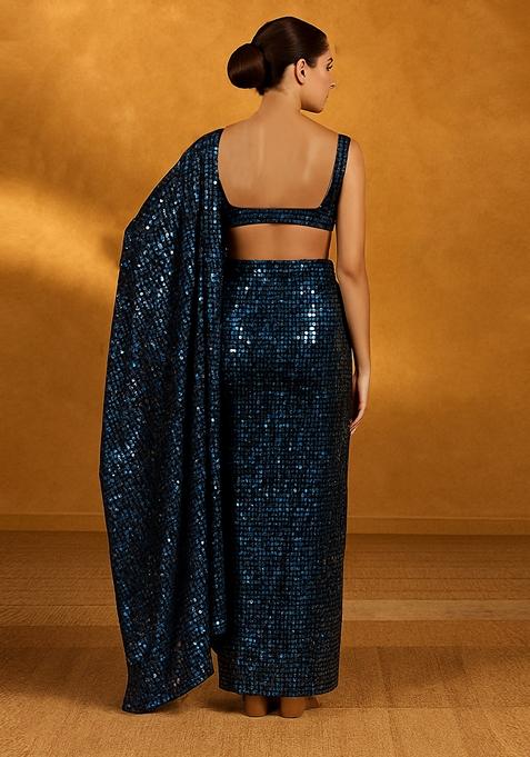 Turquoise Sequin Embellished Lurex Knit Pre Draped Saree Set