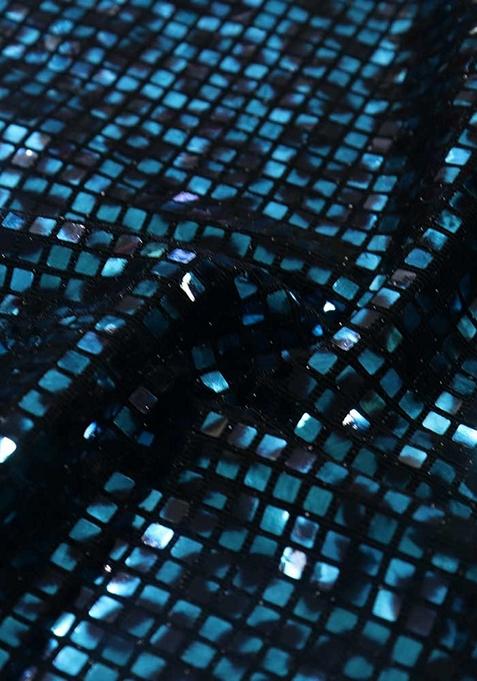 Turquoise Sequin Embellished Lurex Knit Pre Draped Saree Set