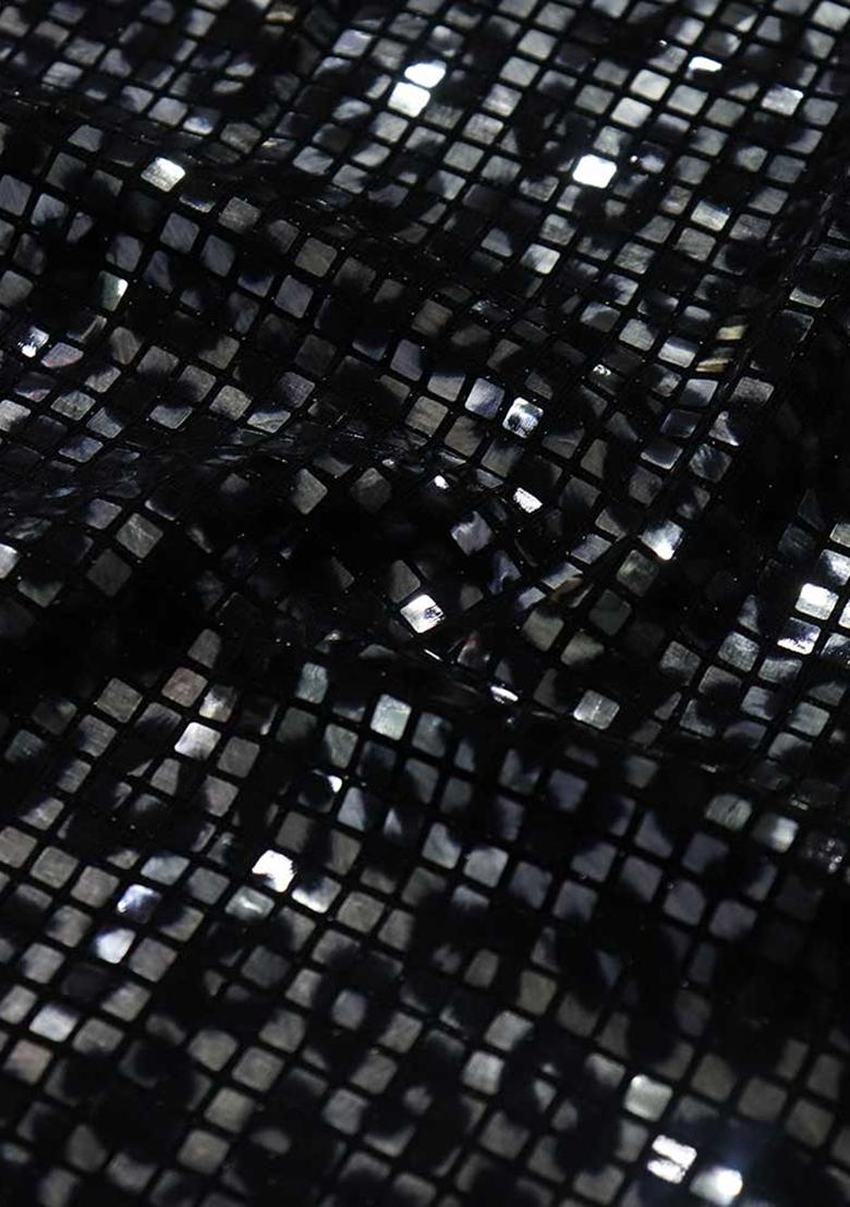 Black Sequin Embellished Lurex Knit Pre Draped Saree Set