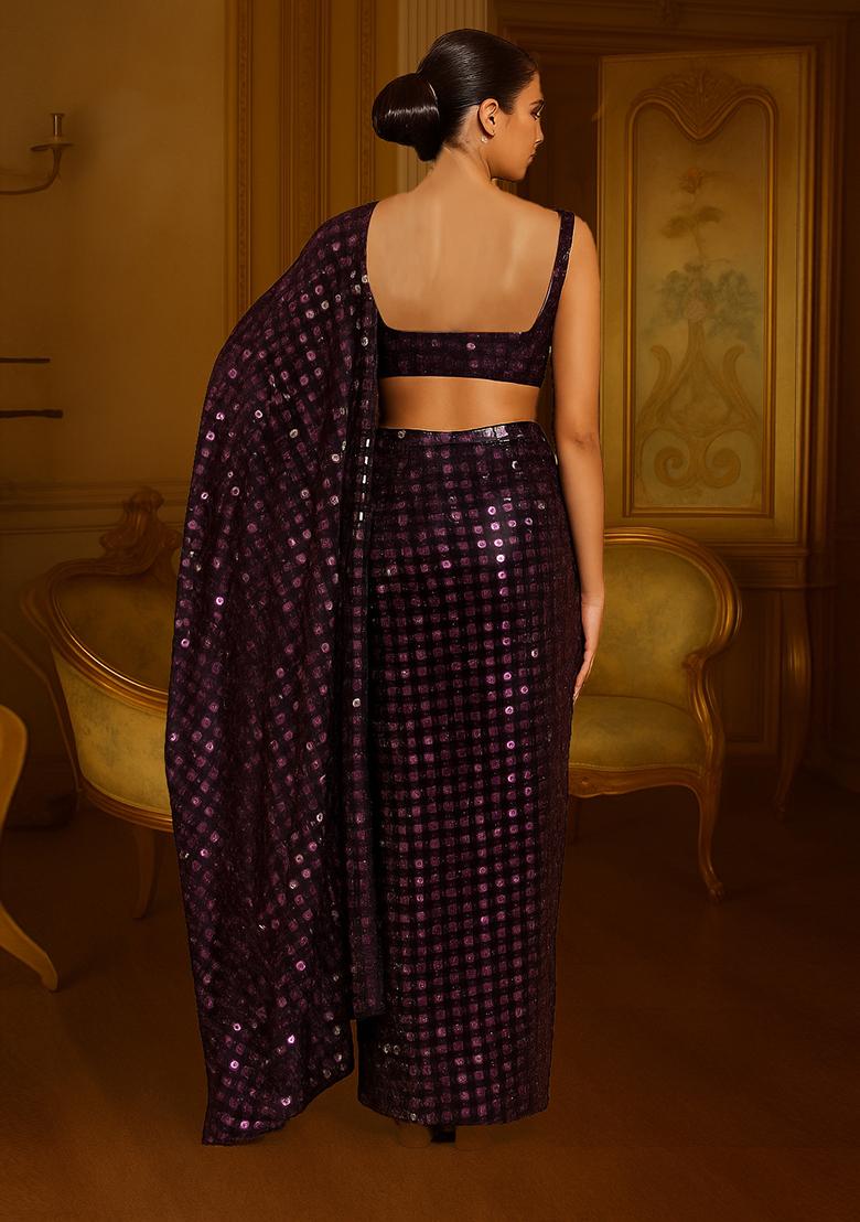 Purple Sequin Embellished Lurex Knit Pre Draped Saree Set - Indya