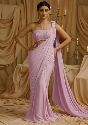 Light Pink Sequin Embellished Blouse Georgette Pre Draped Saree Set
