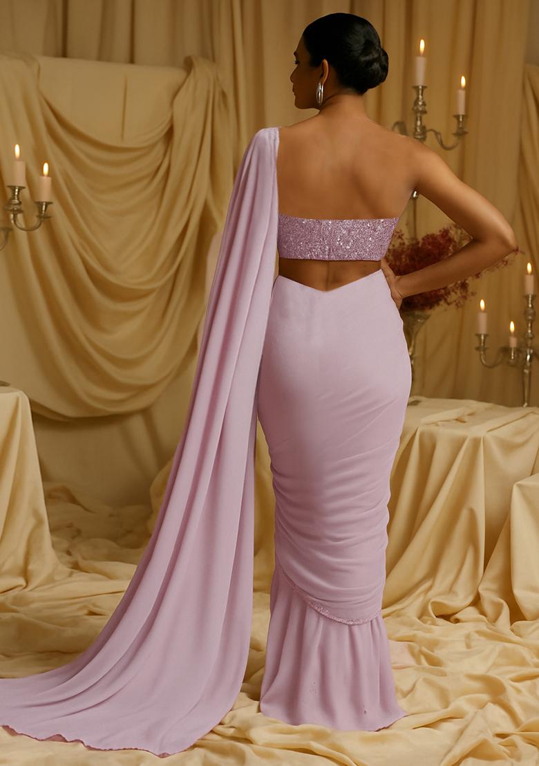 Light Pink Sequin Embellished Blouse Georgette Pre Draped Saree Set - Indya