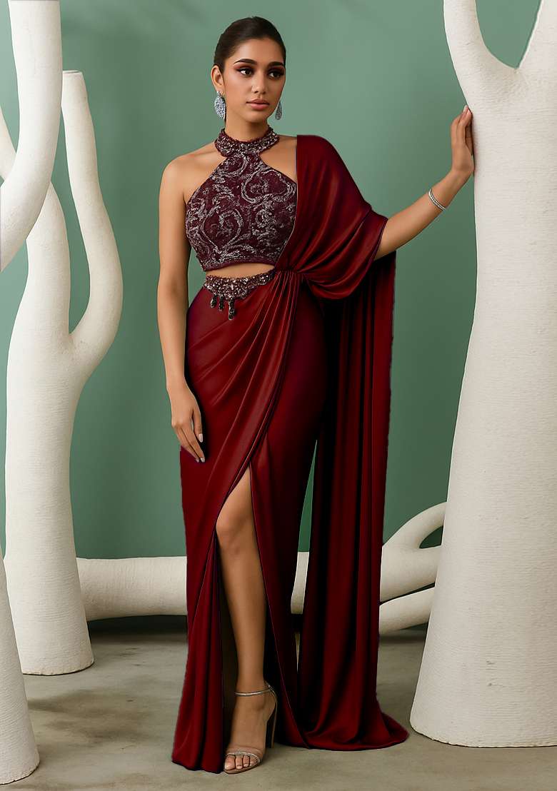 Sage Green Cutdana Embroidered Blouse Satin Pre Draped Saree Set - Indya