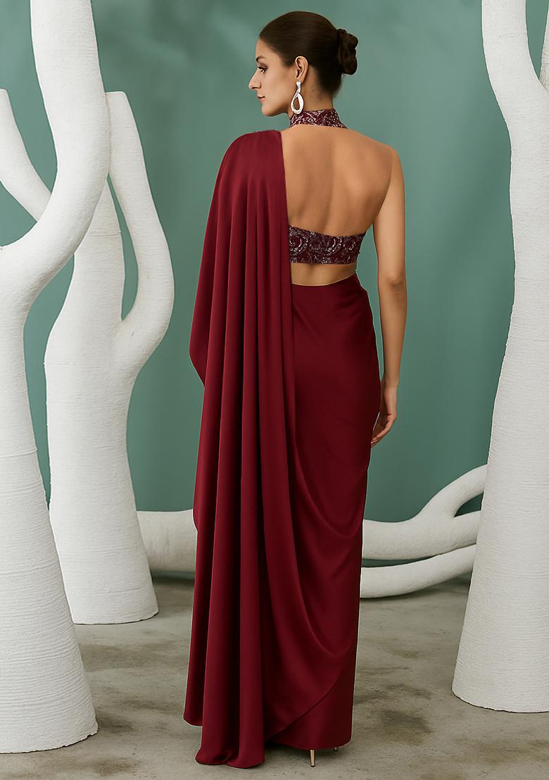 Sage Green Cutdana Embroidered Blouse Satin Pre Draped Saree Set - Indya