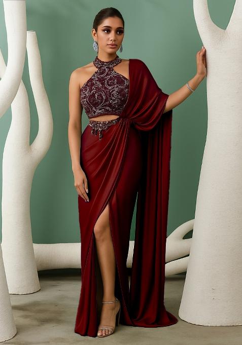 Sage Green Cutdana Embroidered Blouse Satin Pre Draped Saree Set