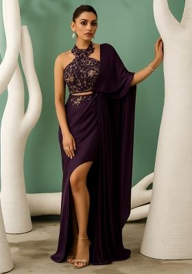 Deep Purple Sequin Embellished Blouse Satin Pre Draped Saree Set