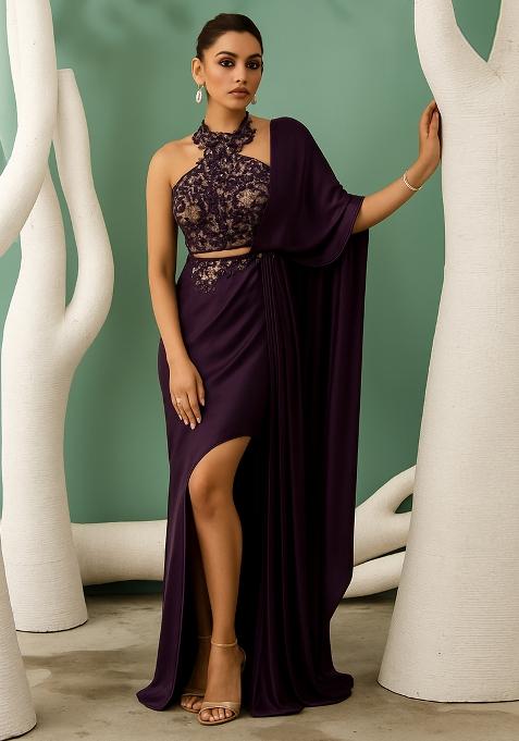 Deep Purple Sequin Embellished Blouse Satin Pre Draped Saree Set