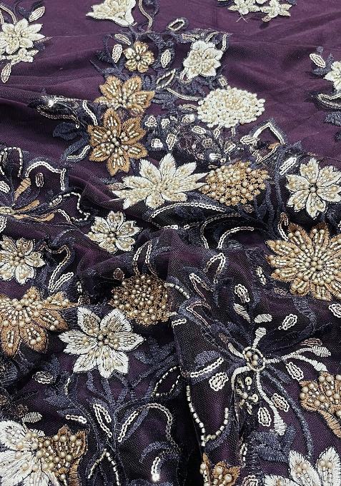 Deep Purple Sequin Embellished Blouse Satin Pre Draped Saree Set