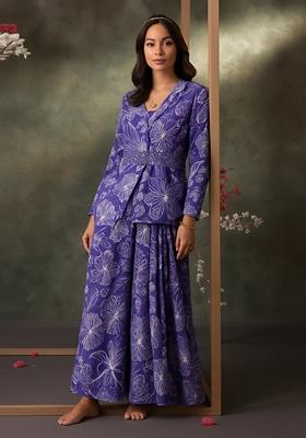 Royal Blue Printed Satin Georgette Fusion Set