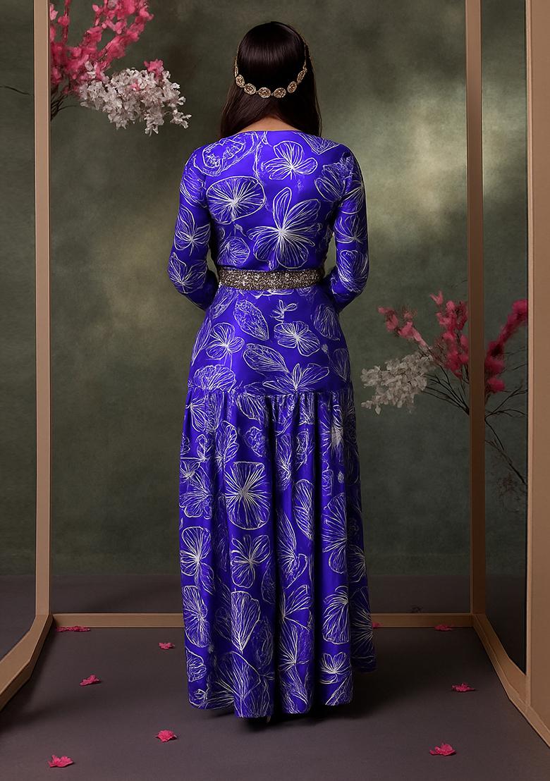 Royal Blue Printed Satin Georgette Fusion Set - Indya