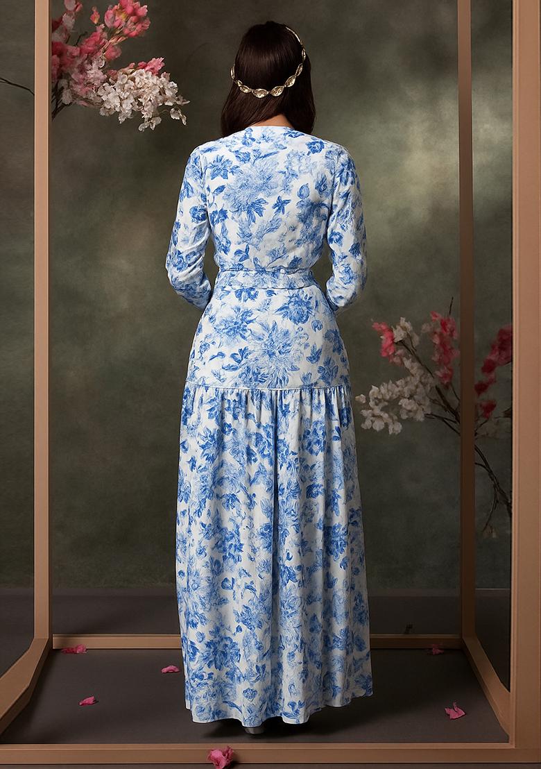 Beige Printed Satin Georgette Fusion Set - Indya