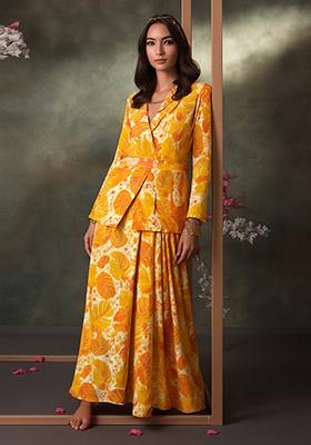 Yellow Printed Satin Georgette Fusion Set