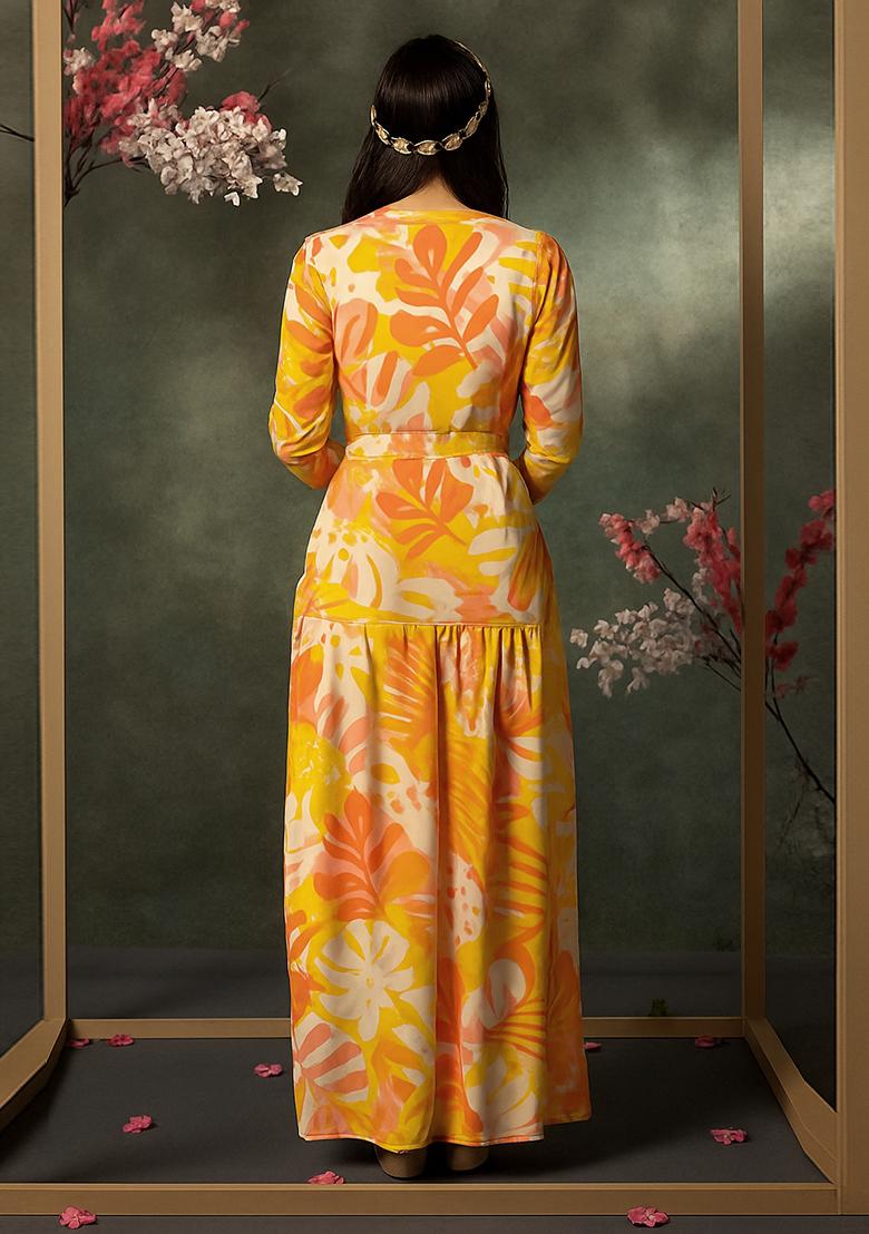 Yellow Printed Satin Georgette Fusion Set - Indya