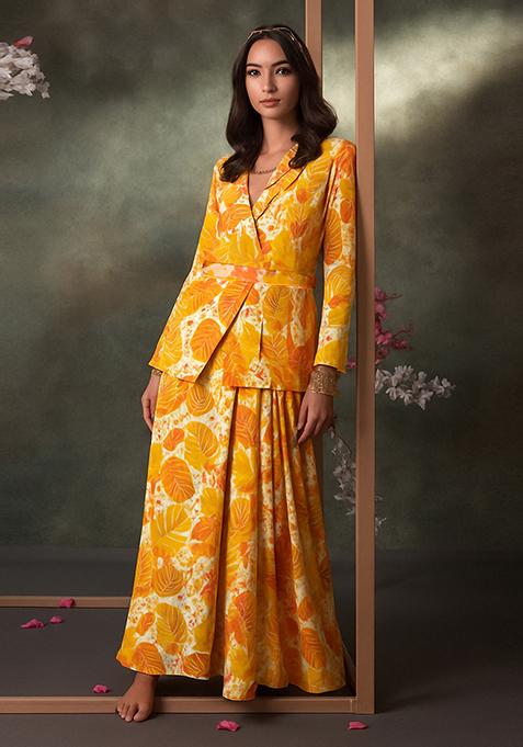 Yellow Printed Satin Georgette Fusion Set