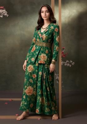 Dark Green Printed Satin Georgette Fusion Set