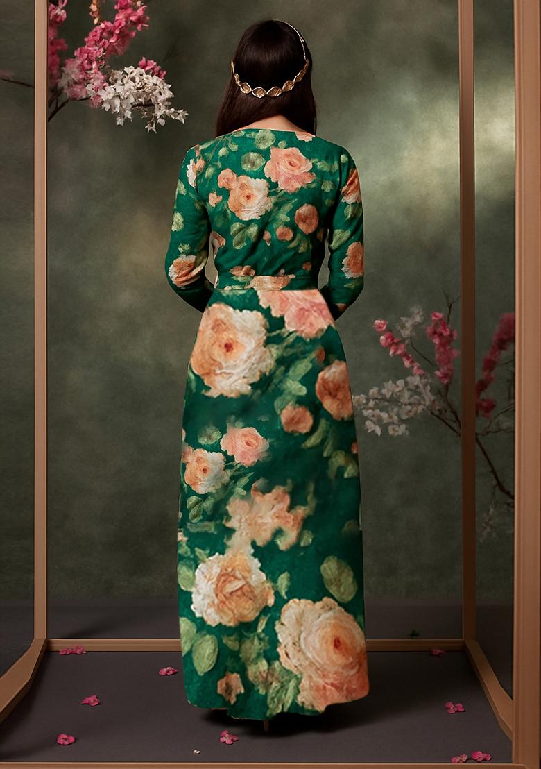 Dark Green Printed Satin Georgette Fusion Set - Indya