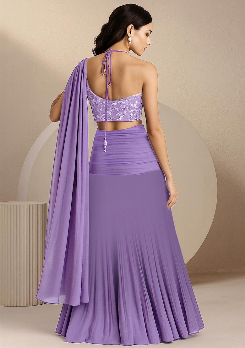 Lavender Georgette Embroidered Crop Top Skirt Set - Indya