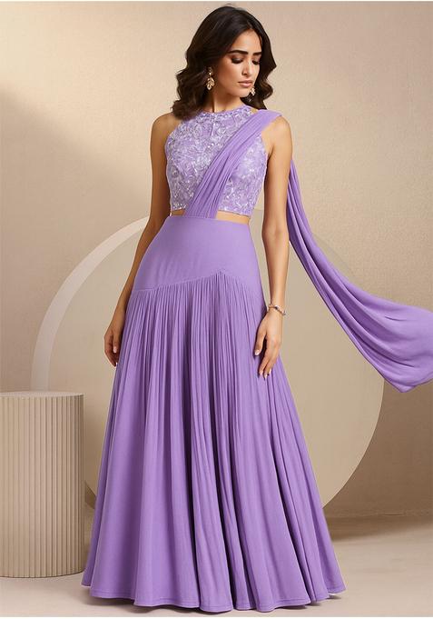 Lavender Georgette Embroidered Crop Top Skirt Set