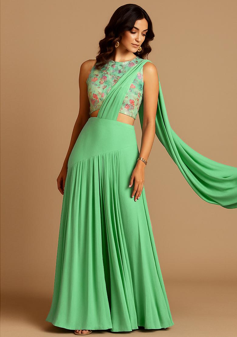 Mint Green Silk Embroidered Crop Top Skirt Set