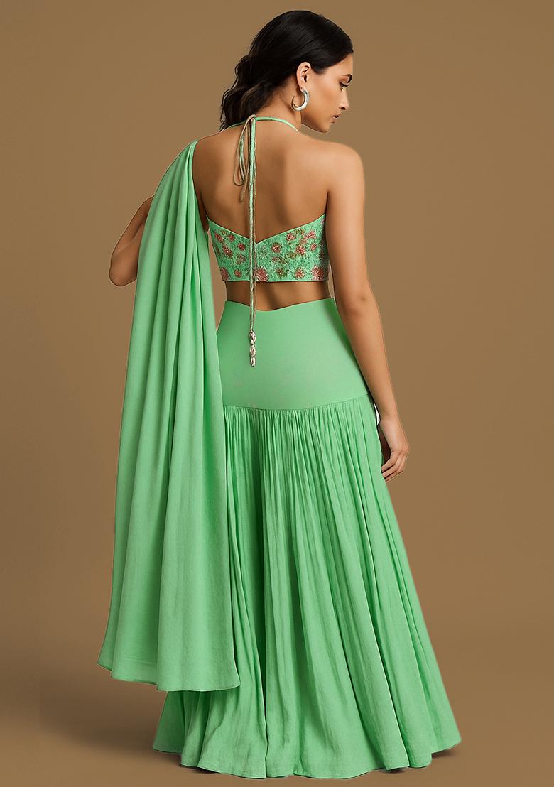 Sky Blue Georgette Embroidered Crop Top Skirt Set - Indya