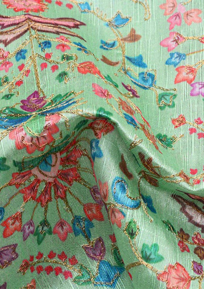 Mint Green Silk Embroidered Crop Top Skirt Set