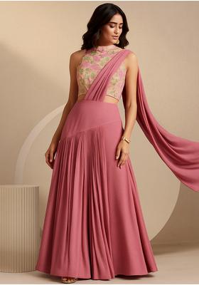 Pink Georgette Embroidered Crop Top Skirt Set