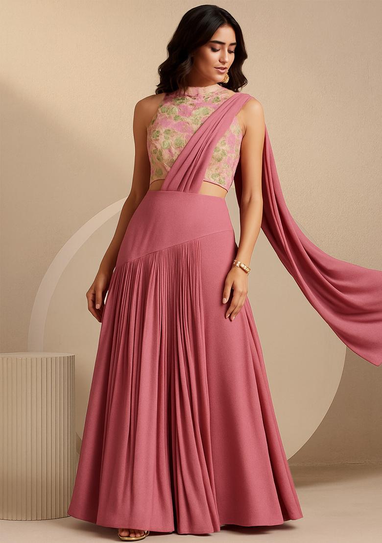 Pink Georgette Embroidered Crop Top Skirt Set