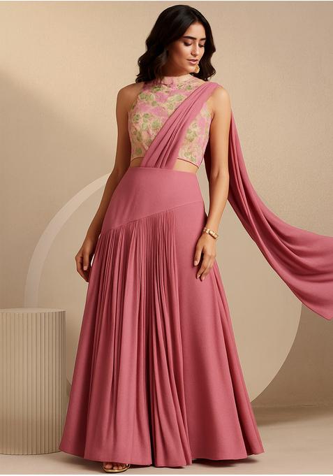 Pink Georgette Embroidered Crop Top Skirt Set