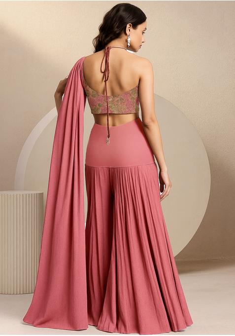 Pink Georgette Embroidered Crop Top Skirt Set