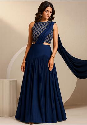 Greyish Blue Georgette Embroidered Crop Top Skirt Set