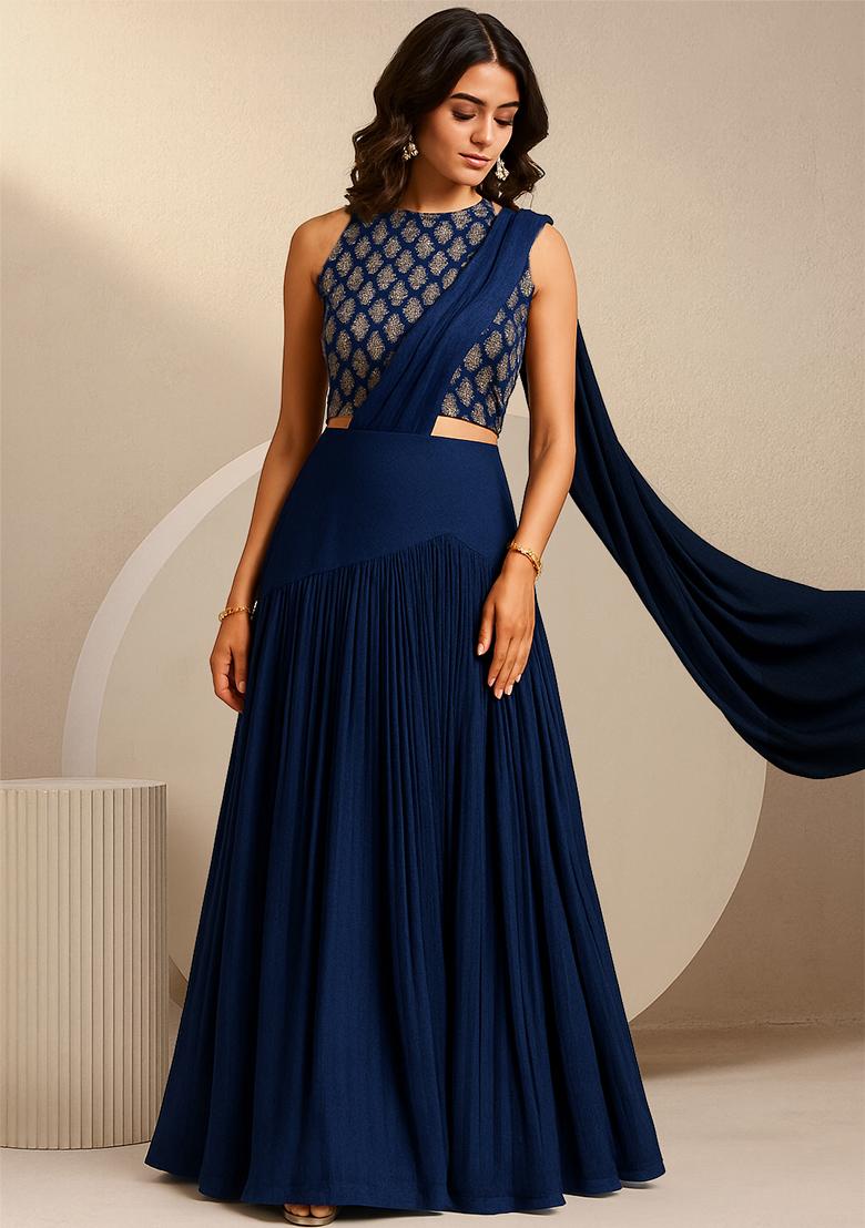 Greyish Blue Georgette Embroidered Crop Top Skirt Set