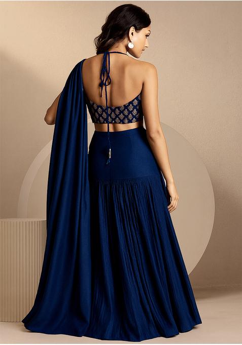 Greyish Blue Georgette Embroidered Crop Top Skirt Set