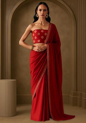 Fuchsia Pink Chinon Printed Pre Draped Saree Set